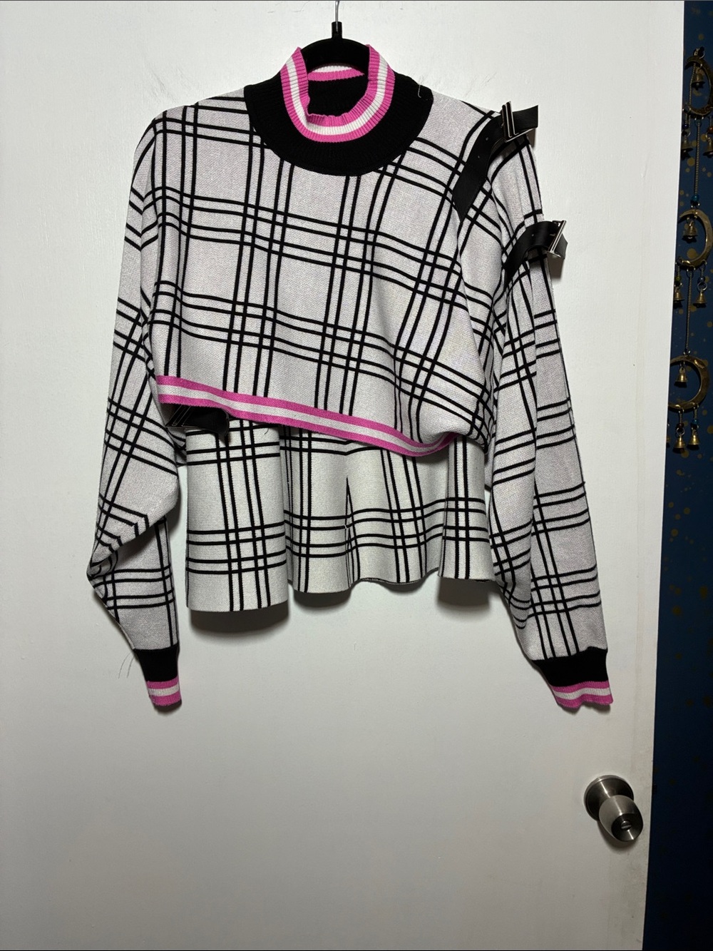 AKIRA White Black Plaid top and  Mini Skirt with Pink Trim matching set